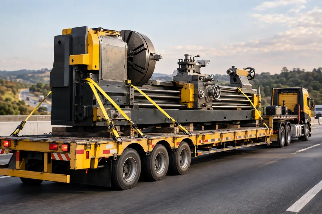 Torno industrial sendo transportado em carreta