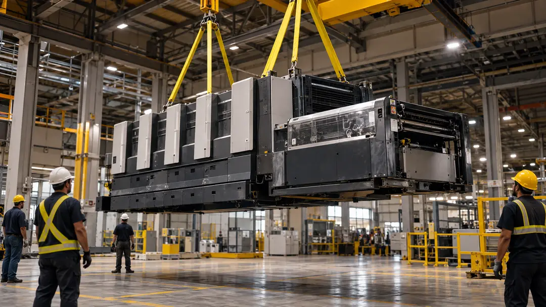 Máquina industrial suspensa durante remoção