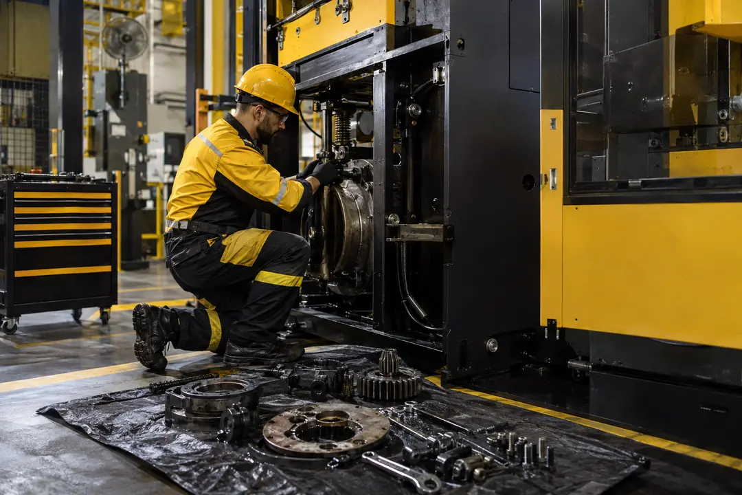 Técnico desmontando máquina industrial para transporte