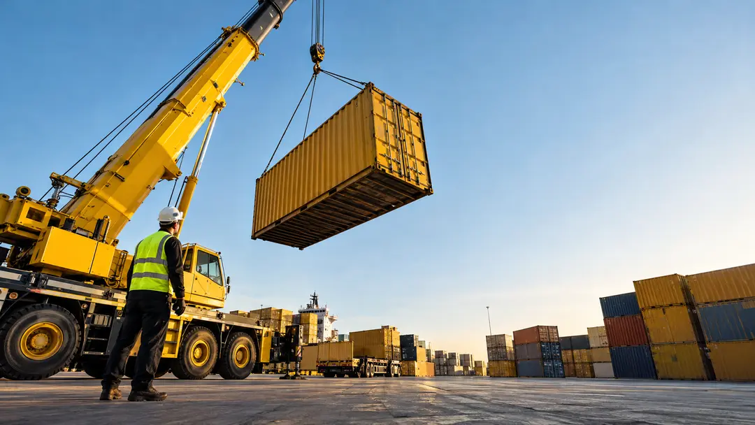 Container sendo içado por guindaste