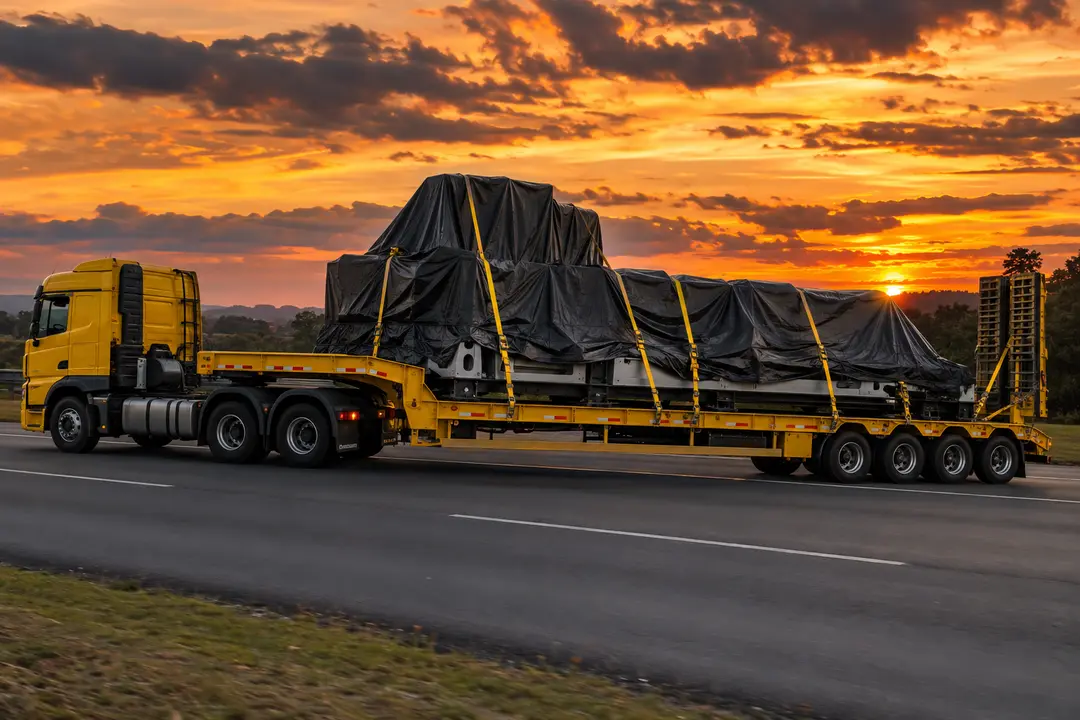 Máquina industrial amarrada em carreta para transporte